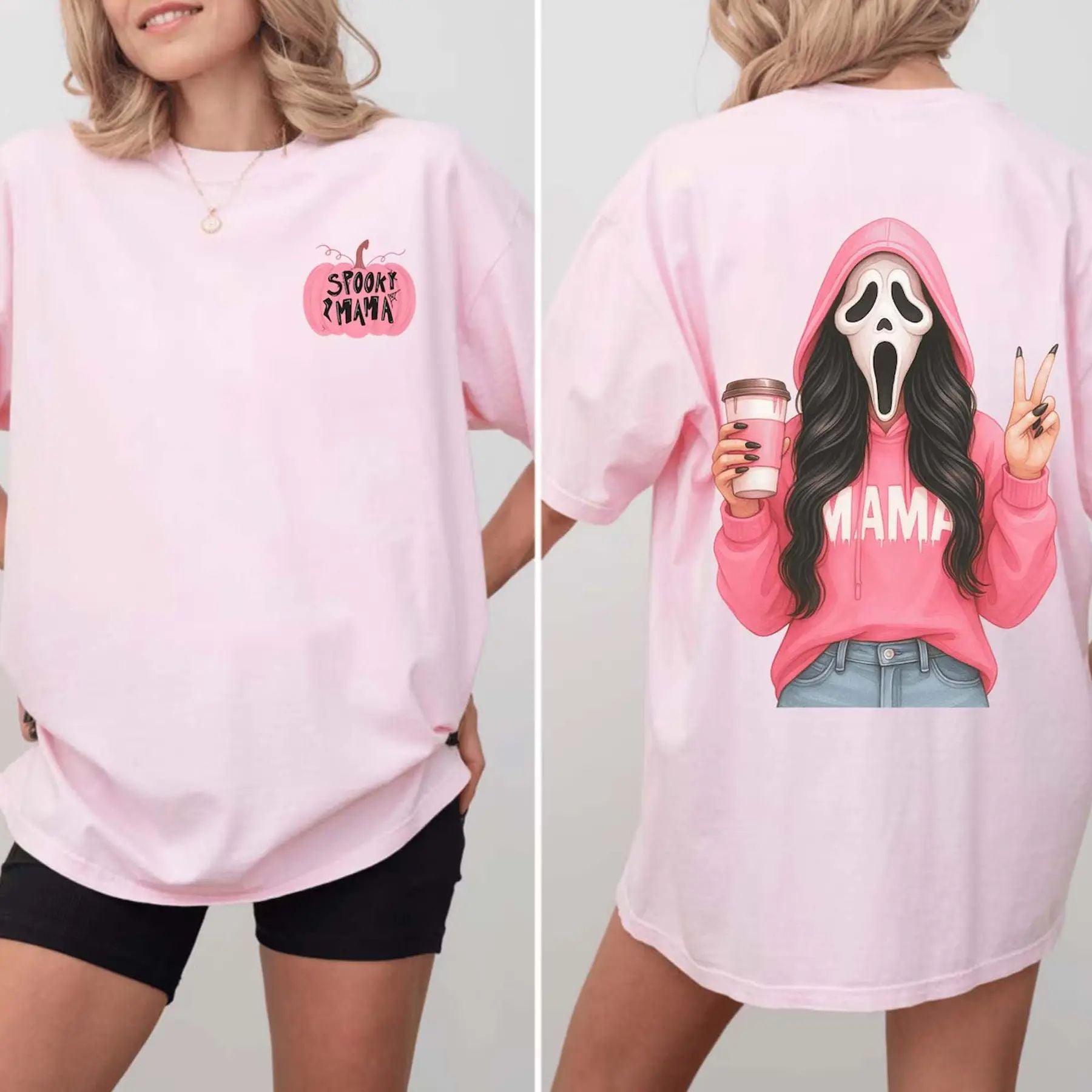 Pink Spooky Mama Halloween T-Shirt - Ghost Mama Crewneck, Fall Coffee Tee-Pasimax