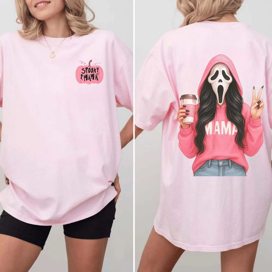 Pink Spooky Mama Halloween T-Shirt - Ghost Mama Crewneck, Fall Coffee Tee-Pasimax