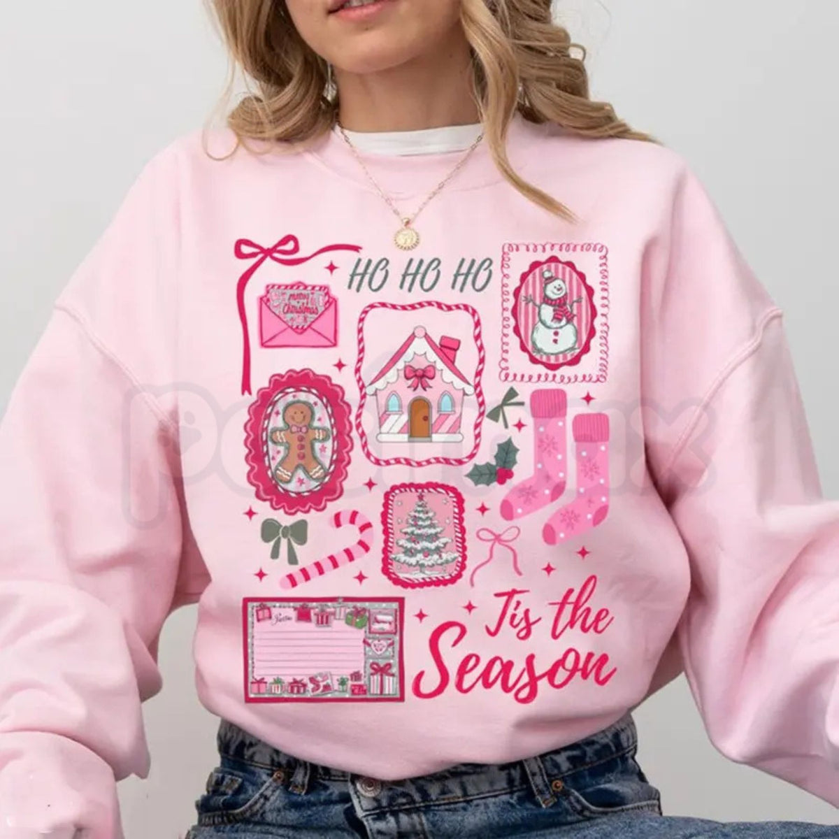 Pink Tis The Season Christmas Sweatshirt | Coquette Holiday Graphic Crewneck-Pasimax