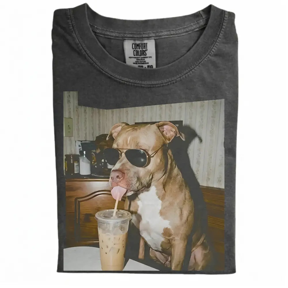 Comfort Colors® Custom Dog Breeds Drinking Iced Coffee T-Shirt – Vintage 90s Funny Edgy Dog Meme Tee, Aesthetic Coffee Lover Dog Mom Gift Shirt
