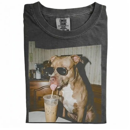 Comfort Colors® Custom Dog Breeds Drinking Iced Coffee T-Shirt – Vintage 90s Funny Edgy Dog Meme Tee, Aesthetic Coffee Lover Dog Mom Gift Shirt