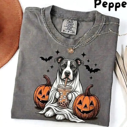 Comfort Colors® Pepper Dog Ghost & Boba Tea Halloween T-Shirt – Custom Dog Breeds Spooky Season Graphic Tee, Vintage Pet Lover Unisex Top