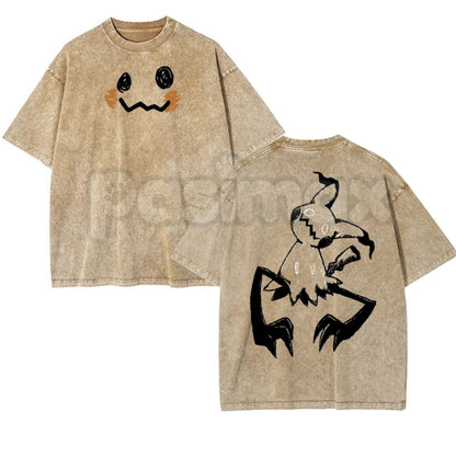 Pocket Monsters Oversize Unisex Washed T-Shirt – Vintage Graphic Anime Tee, S~3XL Retro Lightweight Cotton Streetwear Top-Pasimax