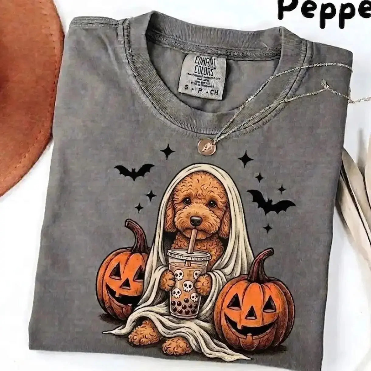 Comfort Colors® Pepper Dog Ghost & Boba Tea Halloween T-Shirt – Custom Dog Breeds Spooky Season Graphic Tee, Vintage Pet Lover Unisex Top
