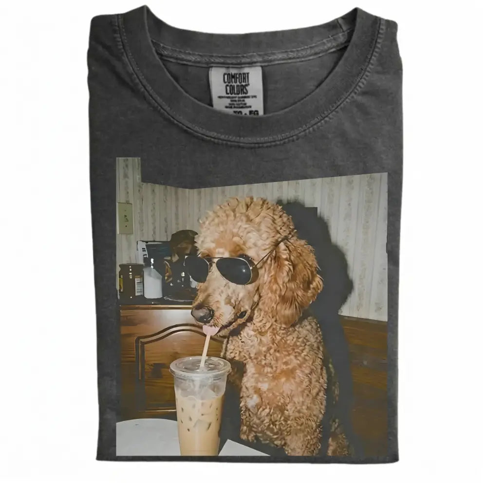 Comfort Colors® Custom Dog Breeds Drinking Iced Coffee T-Shirt – Vintage 90s Funny Edgy Dog Meme Tee, Aesthetic Coffee Lover Dog Mom Gift Shirt