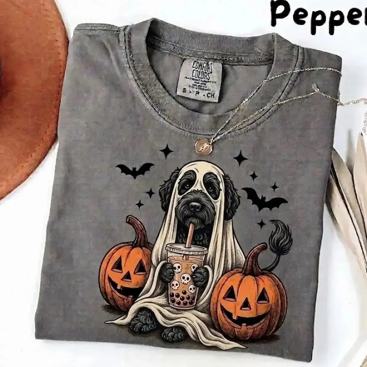 Comfort Colors® Pepper Dog Ghost & Boba Tea Halloween T-Shirt – Custom Dog Breeds Spooky Season Graphic Tee, Vintage Pet Lover Unisex Top