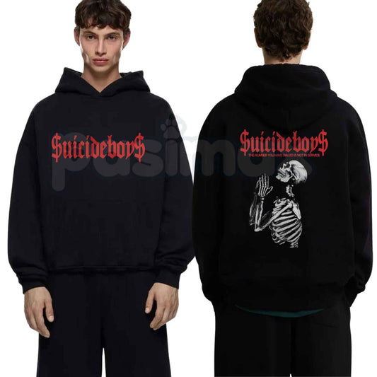 Prayer Skulls Print Hoodie – Vintage Gothic Skeleton Graphic Pullover, Dark Aesthetic Tattoo Art Sweatshirt, Edgy Unisex Streetwear-Pasimax
