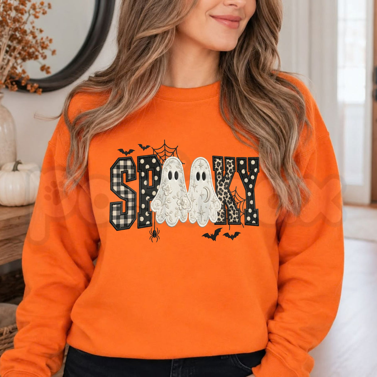 Preppy Bow Pumpkin Sweatshirt | Faux Embroidery Halloween Graphic Crewneck-Pasimax