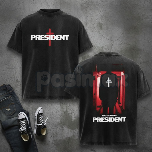 President Band T-Shirt Collection – Gothic Cross Graphic Tee, Oversized Vintage Washed Metal Style Political Streetwear-Pasimax