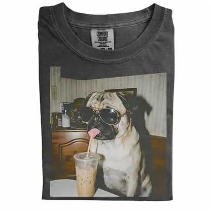 Comfort Colors® Custom Dog Breeds Drinking Iced Coffee T-Shirt – Vintage 90s Funny Edgy Dog Meme Tee, Aesthetic Coffee Lover Dog Mom Gift Shirt