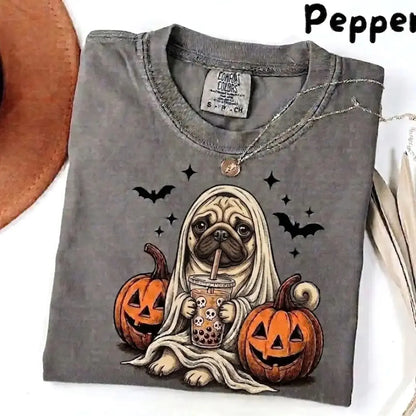 Comfort Colors® Pepper Dog Ghost & Boba Tea Halloween T-Shirt – Custom Dog Breeds Spooky Season Graphic Tee, Vintage Pet Lover Unisex Top