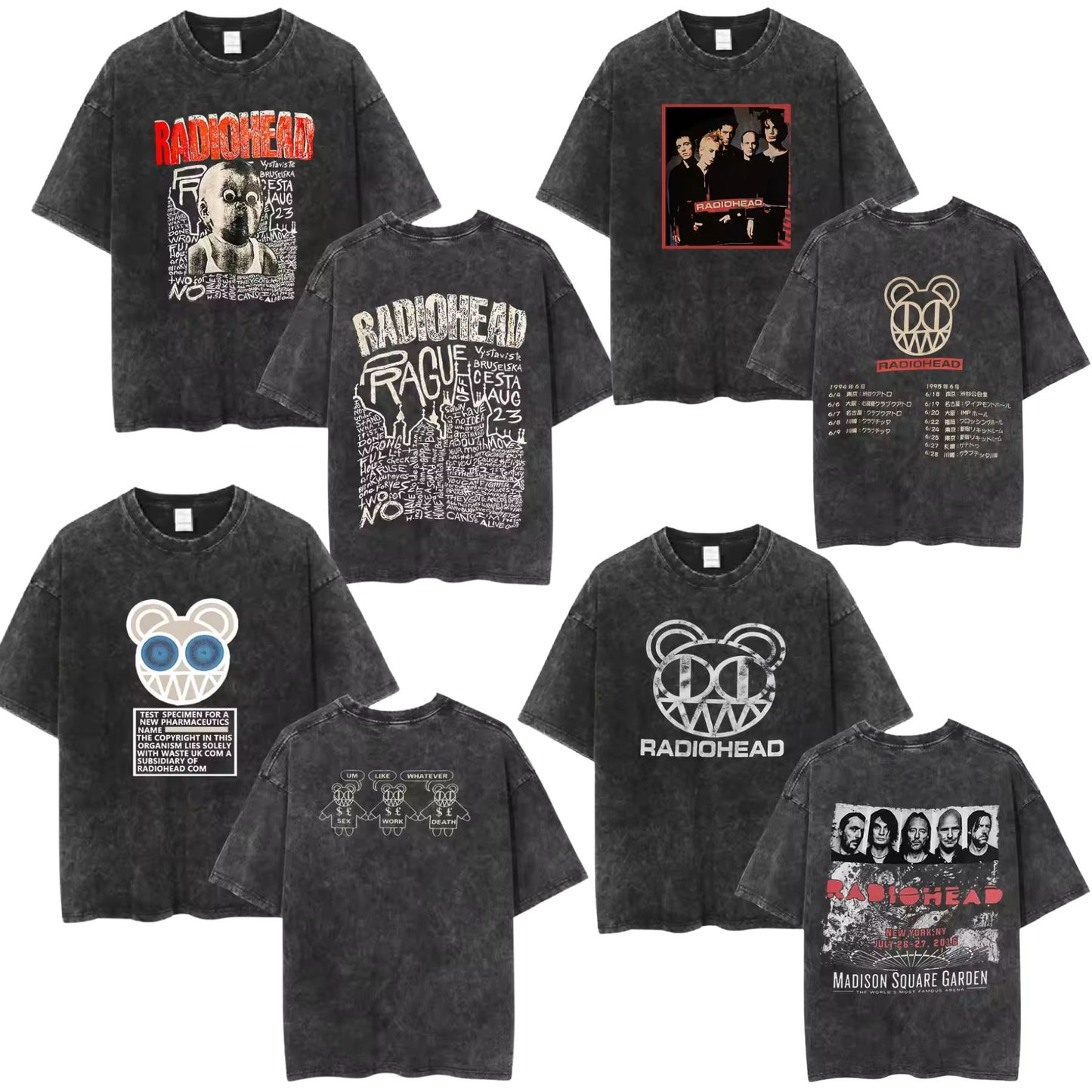 Radiohead Rock Band Washed Cotton T-Shirt – Retro Alternative Rock Graphic Tee, Vintage Distressed Heavyweight Style Unisex Concert Top-Pasimax