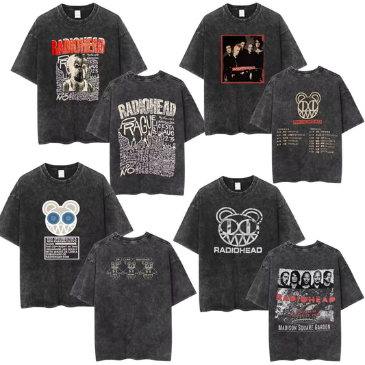 Radiohead Rock Band Washed Cotton T-Shirt – Retro Alternative Rock Graphic Tee, Vintage Distressed Heavyweight Style Unisex Concert Top-Pasimax