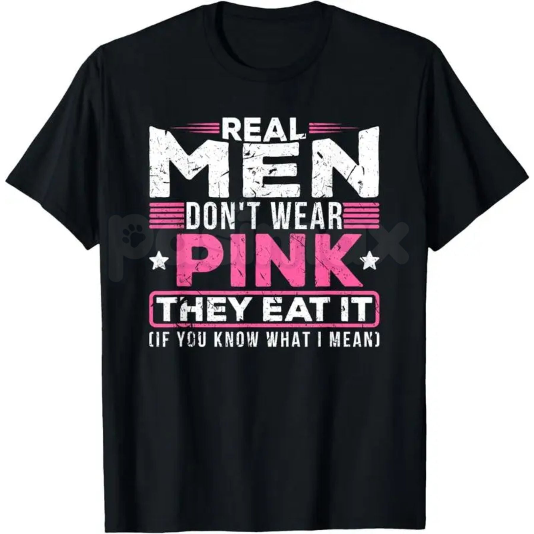 "Real Men Don't Wear Pink" Funny Cat T-Shirt - Absurdist Ironic Meme Graphic Tee, Surreal Humor Streetwear, Nonsensical Slogan Weirdcore Shirt-Pasimax