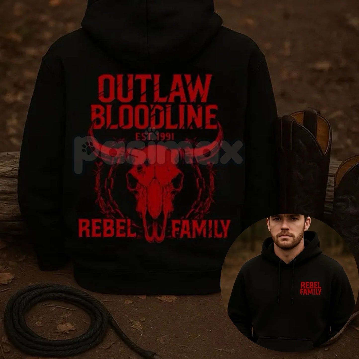 Rebel Family Outlaw Bloodline Hoodie – Red Skull Country Apparel Pullover, Southern & Edgy Streetwear, Unisex-Pasimax