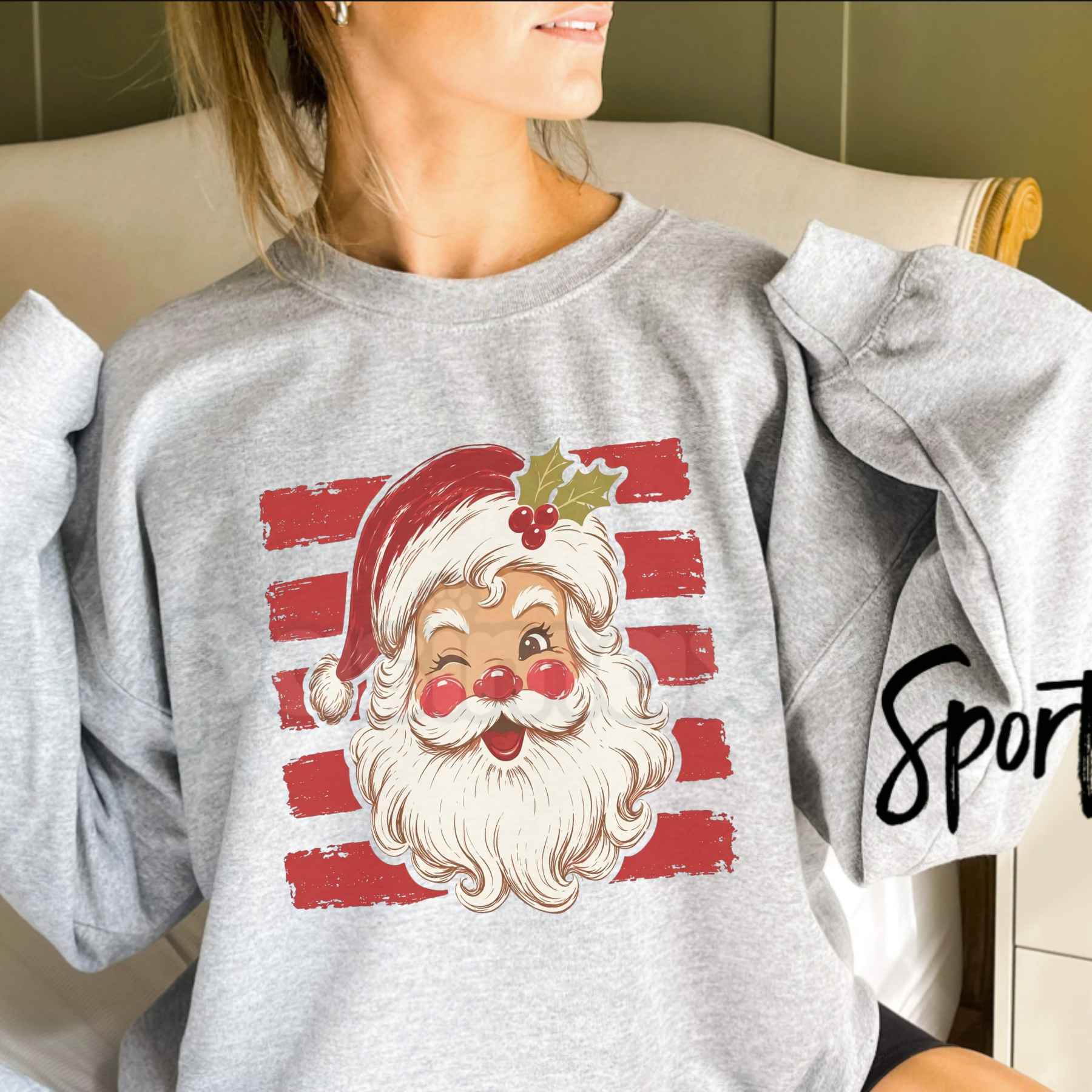 Red Stripe Santa Graphic Top | Vintage Festive Christmas Sweatshirt-Pasimax