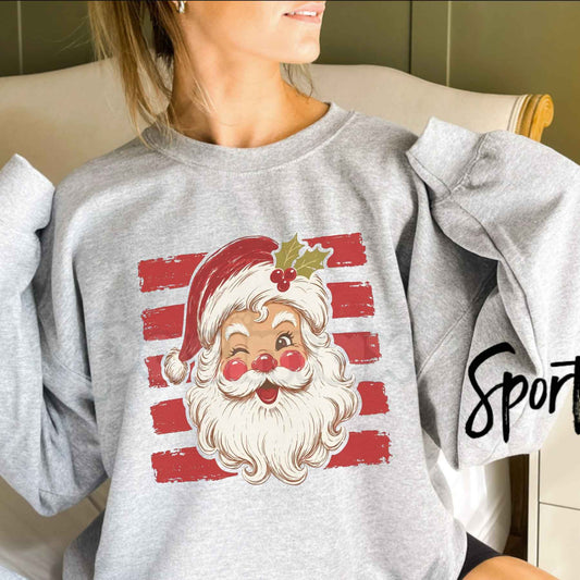 Red Stripe Santa Graphic Top | Vintage Festive Christmas Sweatshirt-Pasimax