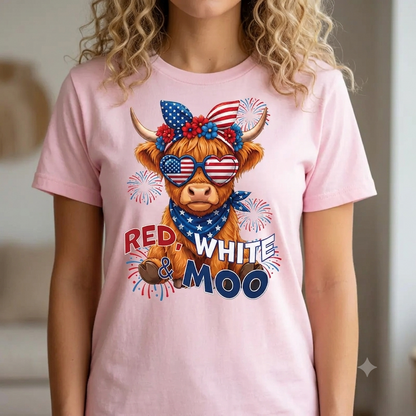 "Red White & Moo" Highland Cow T-Shirt – Funny 4th of July Patriotic Farmhouse Unisex Graphic Tee-Pasimax