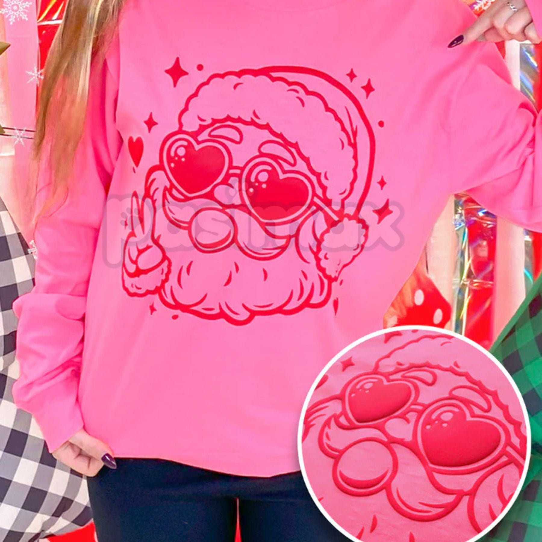 Retro Bubblegum Santa Graphic Sweatshirt – Unique Puff Print Christmas Jumper, Fun Holiday Apparel-Pasimax