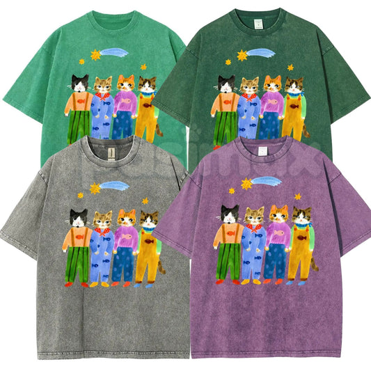 Retro Cats in Overalls Graphic T-Shirt – Funny Hand-Painted Cat Vintage Washed Tee, 90s Aesthetic Lightweight Cotton Animal Top-Pasimax