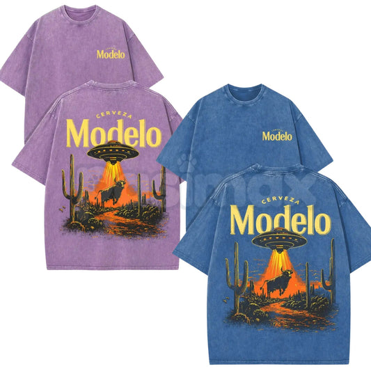 Retro Cerveza Modelo UFO Abduction T-Shirt – Vintage Washed Desert Cactus Graphic Tee, Alien Bull Heist Beer Streetwear-Pasimax