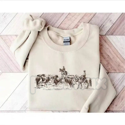Retro Desert Cowboy Sweatshirt | Western Ranch Heritage Crewneck | Vintage Southwest Landscape Jumper | Unisex Country Sunset Pullover | Aesthetic Cowboy Boots & Cacti Graphic-Pasimax