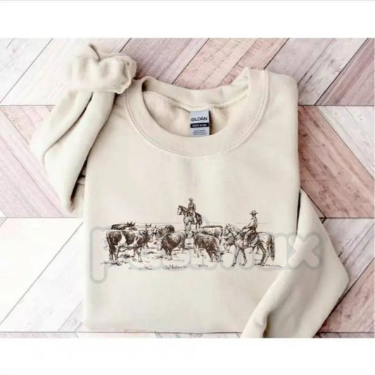 Retro Desert Cowboy Sweatshirt | Western Ranch Heritage Crewneck | Vintage Southwest Landscape Jumper | Unisex Country Sunset Pullover | Aesthetic Cowboy Boots & Cacti Graphic-Pasimax