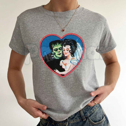 Retro Frankenstein Monster Graphic Tee – Y2K Dark Fantasy Vintage Baby Tee-Pasimax