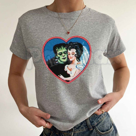 Retro Frankenstein Monster Graphic Tee – Y2K Dark Fantasy Vintage Baby Tee-Pasimax