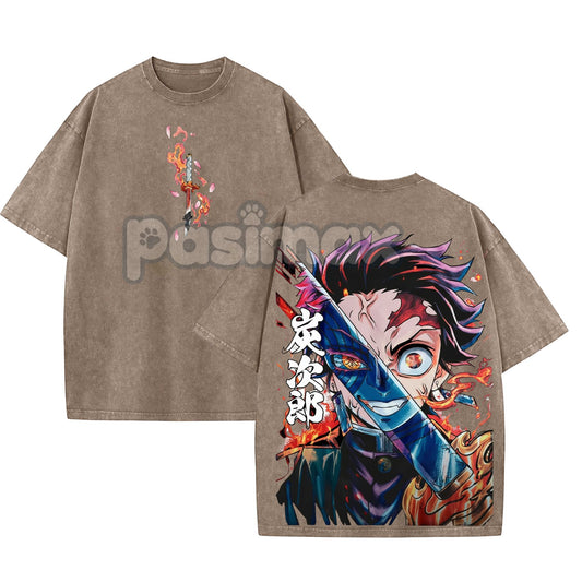 Retro Limited Vintage Kamado Tanjiro T-Shirt – Demon Slayer Infinity Castle, Oversize Acid Washed Tee-Pasimax