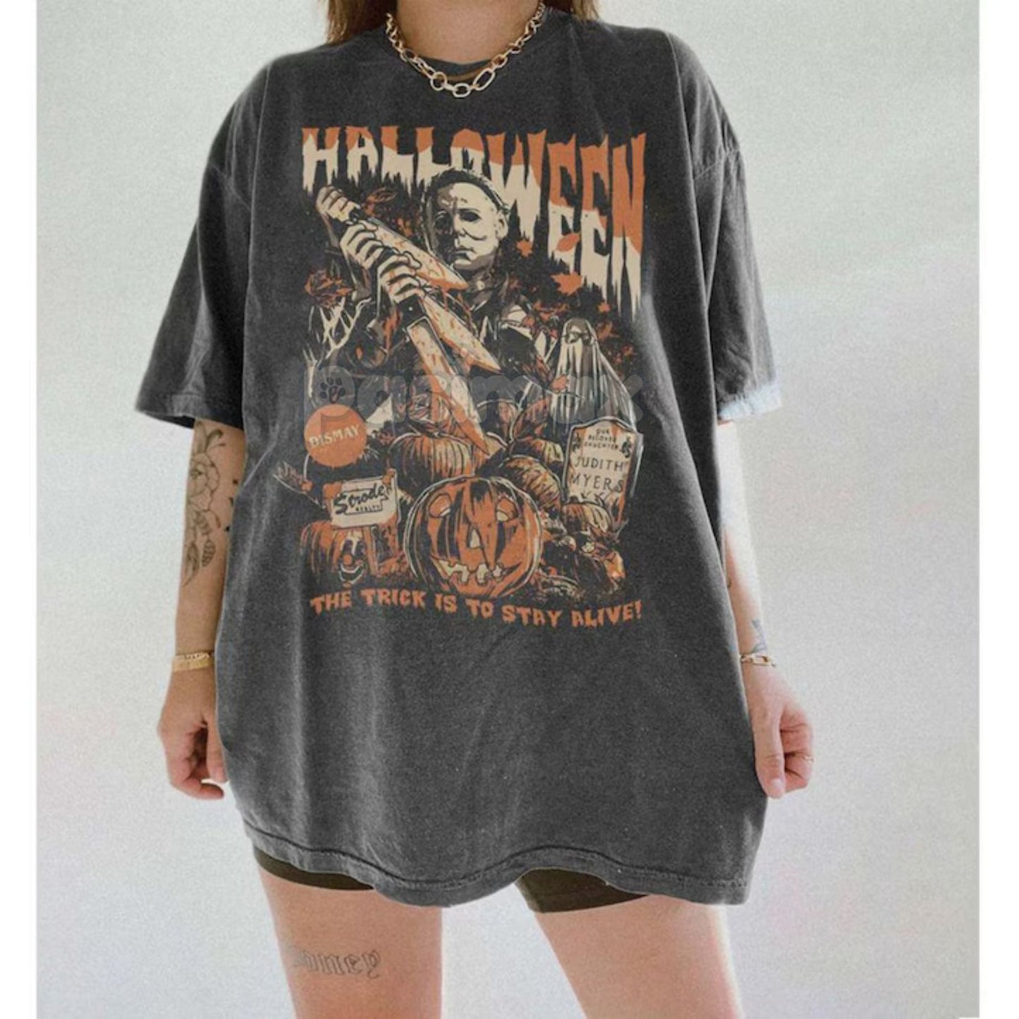 Retro Michael Myers T-shirt – Distressed Horror Movie Shirt, Vintage Halloween Grunge Tee, Spooky Aesthetic Fall Apparel-Pasimax