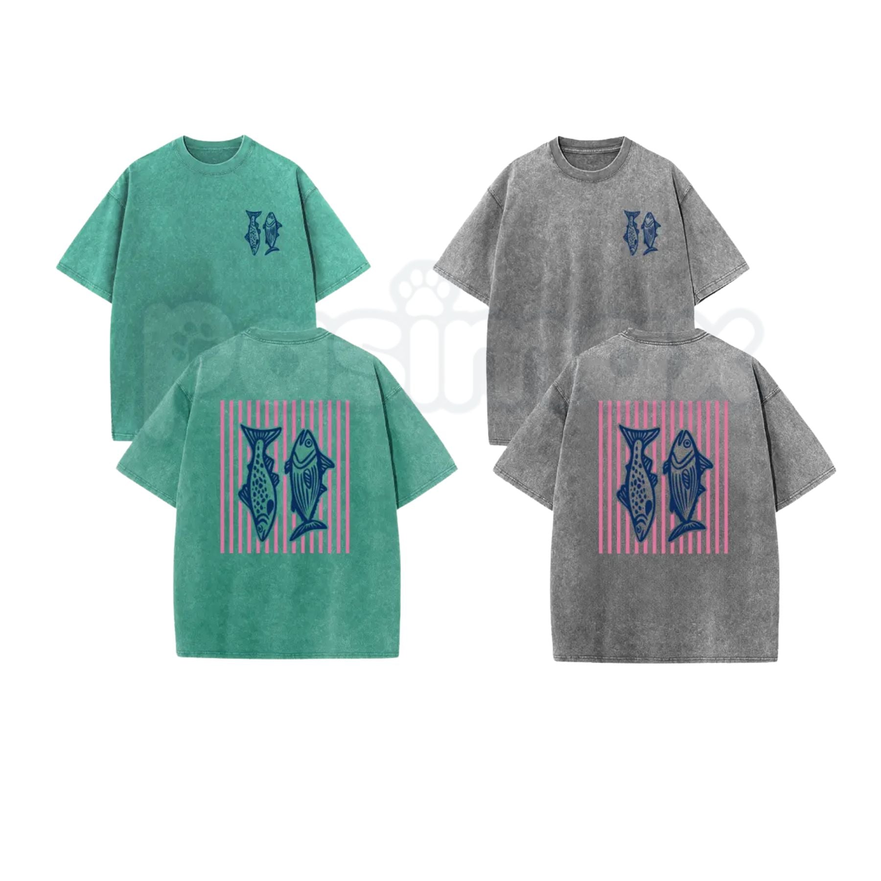 Retro Pink Striped Fish T-Shirt – Acid Wash Dual-Side Graphic Tee, Vintage Nautical Aesthetic Lightweight Cotton Coastal Unisex Top-Pasimax