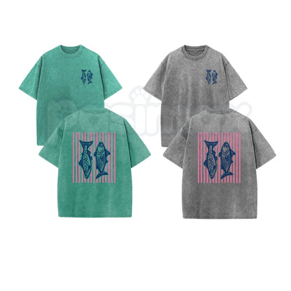 Retro Pink Striped Fish T-Shirt – Acid Wash Dual-Side Graphic Tee, Vintage Nautical Aesthetic Lightweight Cotton Coastal Unisex Top-Pasimax