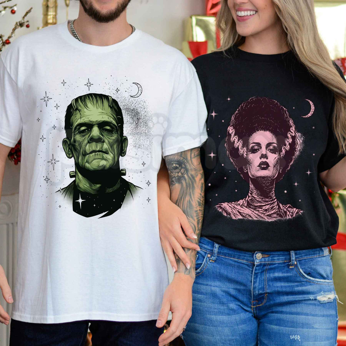 Retro Spooky Celestial Frankenstein Bride Couple T-Shirt – Halloween Gothic Unisex Tee-Pasimax