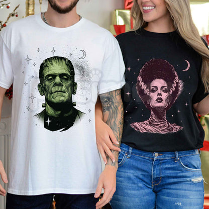 Retro Spooky Celestial Frankenstein Bride Couple T-Shirt – Halloween Gothic Unisex Tee-Pasimax