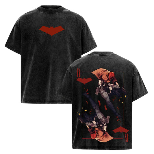 Retro Washed Tee Red Hood Print – Vintage Graphic Streetwear T-shirt, Oversize Cotton Tee-Pasimax