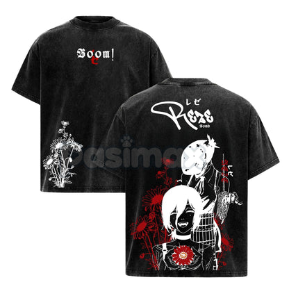 Reze Chainsaw Man T-Shirt – Vintage Washed Oversized Heavy Cotton Tee, Bomb Devil Graphic-Pasimax