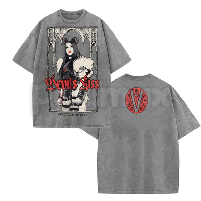 Ripple Junction Black Stephanie Vaquer Devil's Kiss Medieval Gothic Arch Graphic Washed T-Shirt – Retro Wrestling Shirt, Vintage Acid Wash Lightweight Cotton Unisex Top-Pasimax