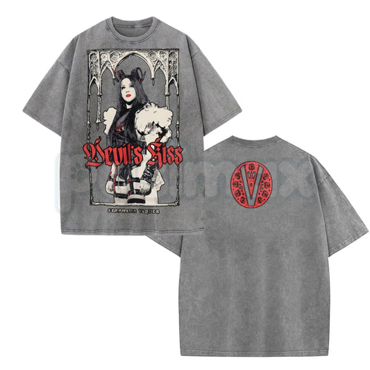 Ripple Junction Black Stephanie Vaquer Devil's Kiss Medieval Gothic Arch Graphic Washed T-Shirt – Retro Wrestling Shirt, Vintage Acid Wash Lightweight Cotton Unisex Top-Pasimax