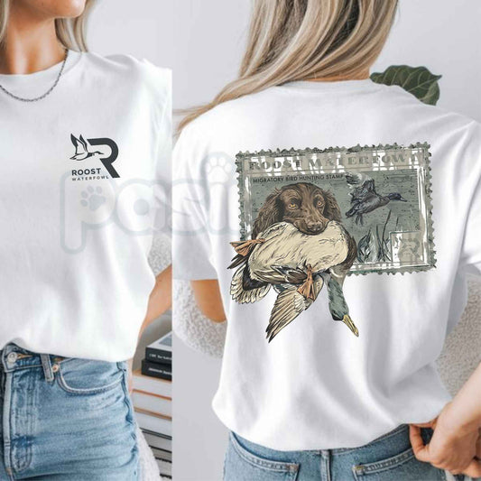 Roost Waterfowl Boykin Stamp T-Shirt – Outdoor Hunting Dog Unisex Cotton Graphic Tee-Pasimax