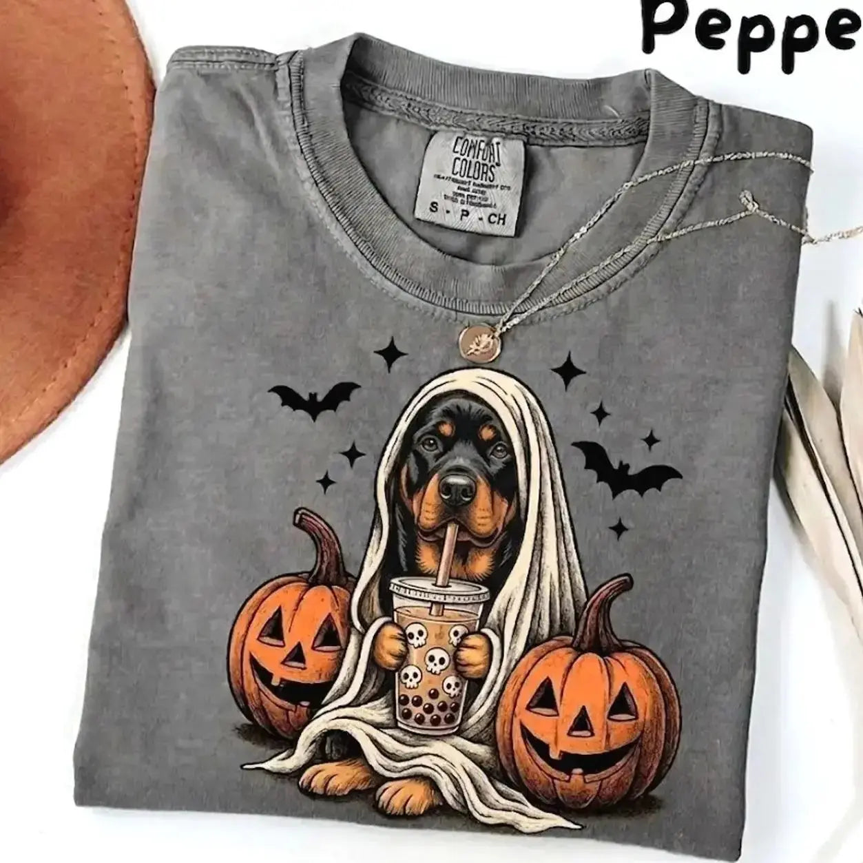Comfort Colors® Pepper Dog Ghost & Boba Tea Halloween T-Shirt – Custom Dog Breeds Spooky Season Graphic Tee, Vintage Pet Lover Unisex Top
