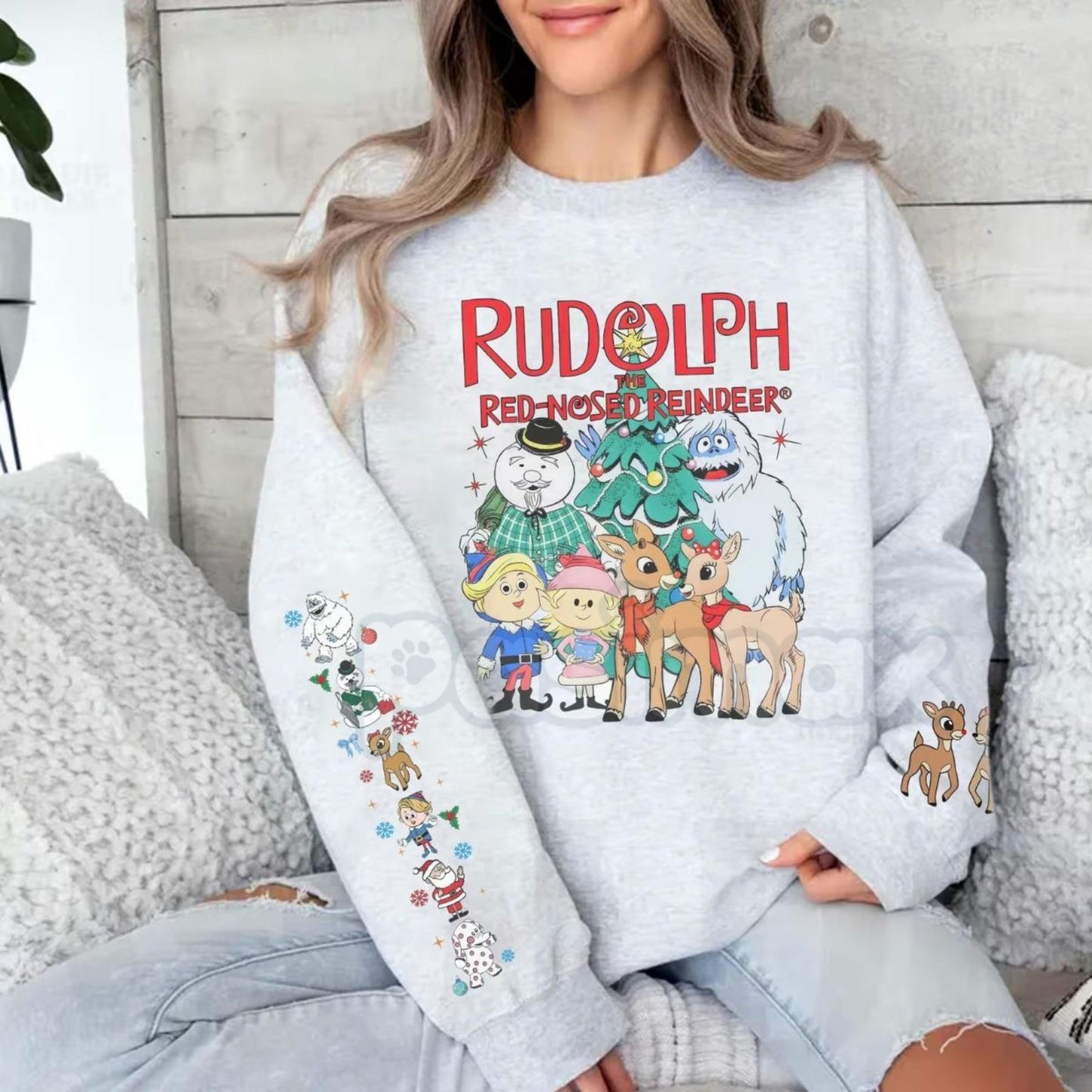 Rudolph Red Nosed Reindeer Sweatshirt with Sleeve Design | Nostalgic Christmas Jumper | Holiday Detail Crewneck-Pasimax