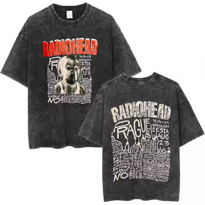 Radiohead Rock Band Washed Cotton T-Shirt – Retro Alternative Rock Graphic Tee, Vintage Distressed Heavyweight Style Unisex Concert Top