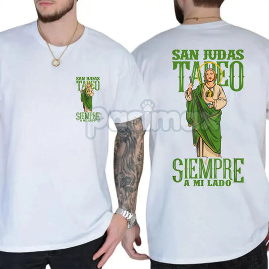 San Judas Tadeo Iconic Portrait T-Shirt - 2-Sided Latinx Faith Apparel - Vibrant Religious Graphic Tee-Pasimax