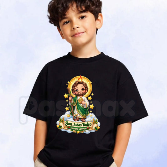 San Judas Tadeo Siempre Conmigo Cute Chibi Cartoon T-Shirt for Boys and Girls-Pasimax