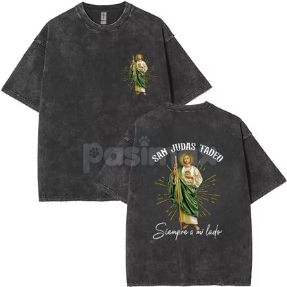 San Judas Tadeo T-Shirt – Double Sided Washed Vintage Graphic Tee, Patron Saint of Lost Causes-Pasimax