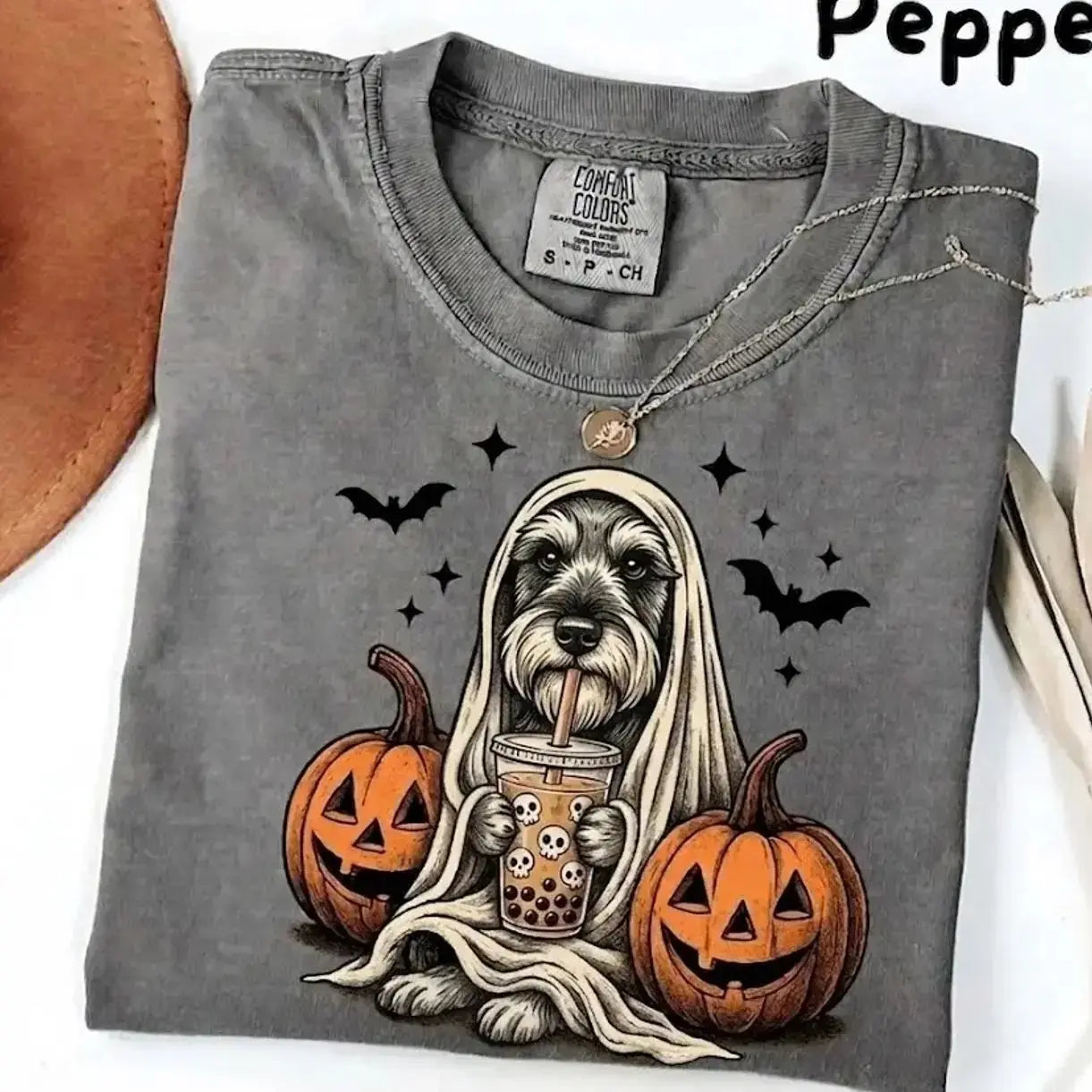 Comfort Colors® Pepper Dog Ghost & Boba Tea Halloween T-Shirt – Custom Dog Breeds Spooky Season Graphic Tee, Vintage Pet Lover Unisex Top