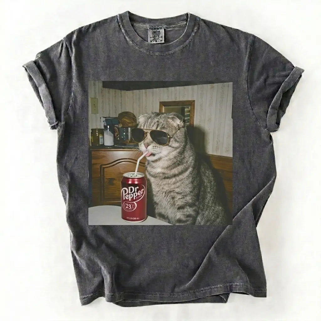 Comfort Colors® Vintage Cat Breeds Drinking Soda T-Shirt – Retro 90s Funny Edgy Cat Meme Graphic Tee, Aesthetic Quirky Animal Lover Unisex Top