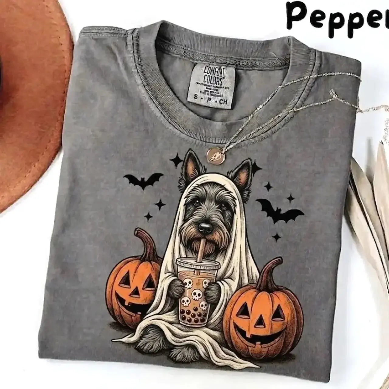 Comfort Colors® Pepper Dog Ghost & Boba Tea Halloween T-Shirt – Custom Dog Breeds Spooky Season Graphic Tee, Vintage Pet Lover Unisex Top