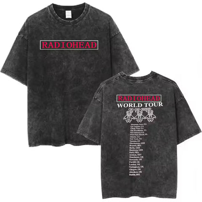 Radiohead Rock Band Washed Cotton T-Shirt – Retro Alternative Rock Graphic Tee, Vintage Distressed Heavyweight Style Unisex Concert Top